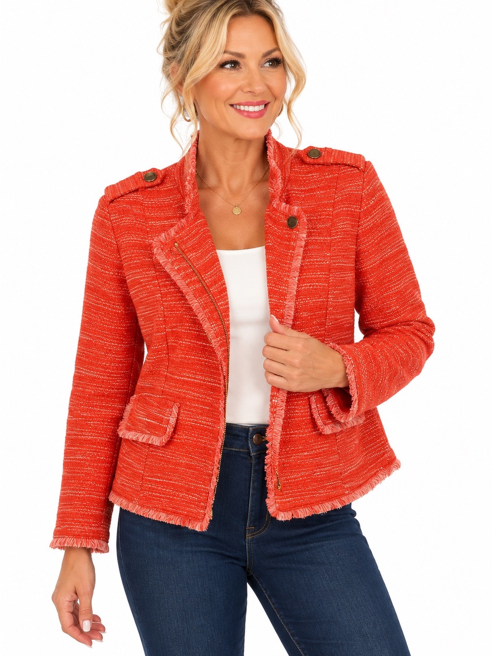 Chico's Blazer Size 3 (US 16) Orange Frayed Textured Fringe  Lined Moto Style
